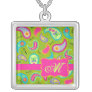 Olive Green Fuchsia Pink Modern Paisley Monogram Silver Plated Necklace