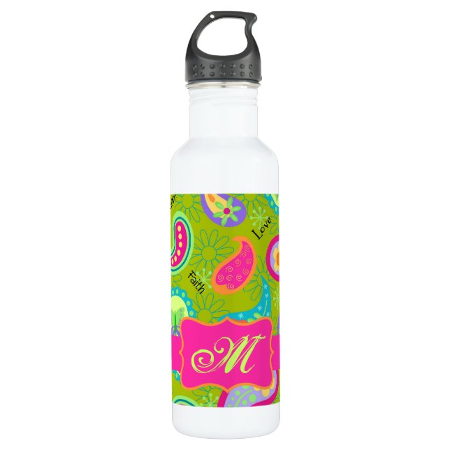 Olive Green Fuchsia Pink Modern Paisley Monogram Water Bottle (Front)