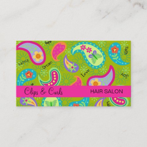 Olive Green Fuchsia Pink Modern Paisley Whimsy Business Card