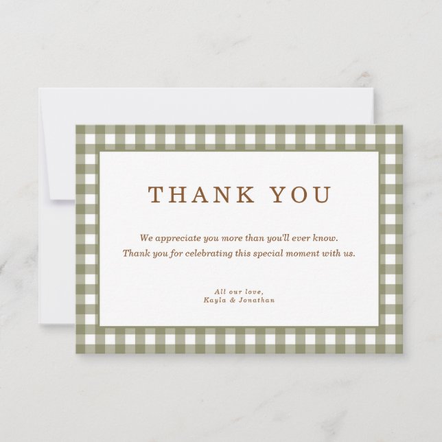 Olive Green Gingham Baby Shower  Thank You Card (Front)
