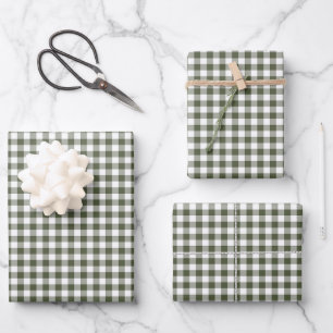 Olive Green Gingham Check Pattern Wrapping Paper Sheets
