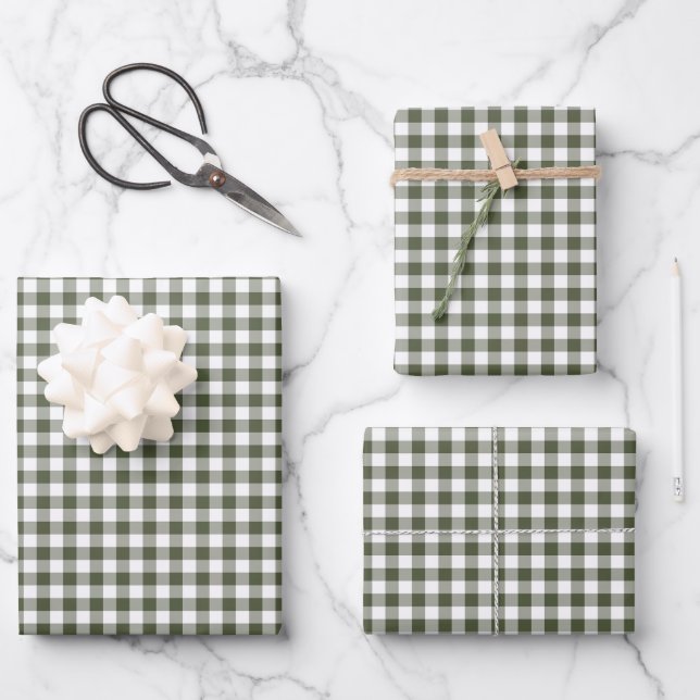Olive Green Gingham Check Pattern Wrapping Paper Sheets (Front)