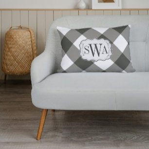 Olive Green Gingham Family Monogram Farmhouse Lumbar Pillow
