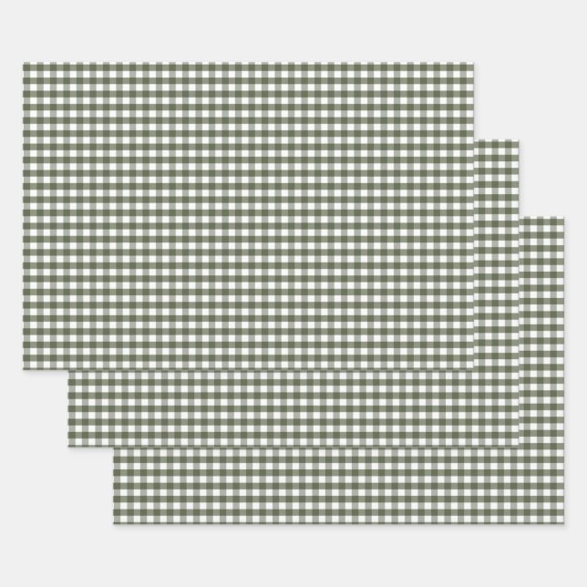 Olive Green Gingham Patterned    Wrapping Paper Sheets (Set)