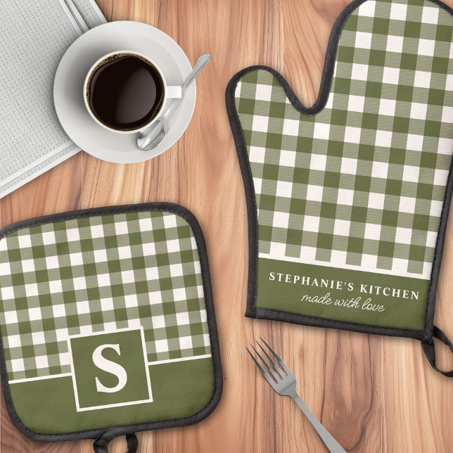 Olive Green Gingham Plaid Checkered Monogrammed Oven Mitt & Pot Holder Set (Creator Uploaded)