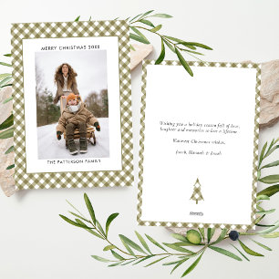 Olive Green Gingham Plaid Pattern Photo Christmas Holiday Card