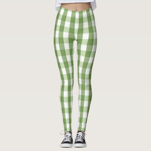 Olive Green Gingham Plaid Trendy Pattern Leggings