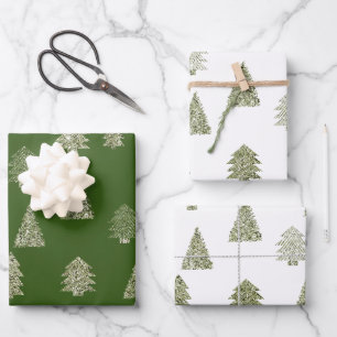 Olive Green Glitter Christmas Trees Wrapping Paper Sheets