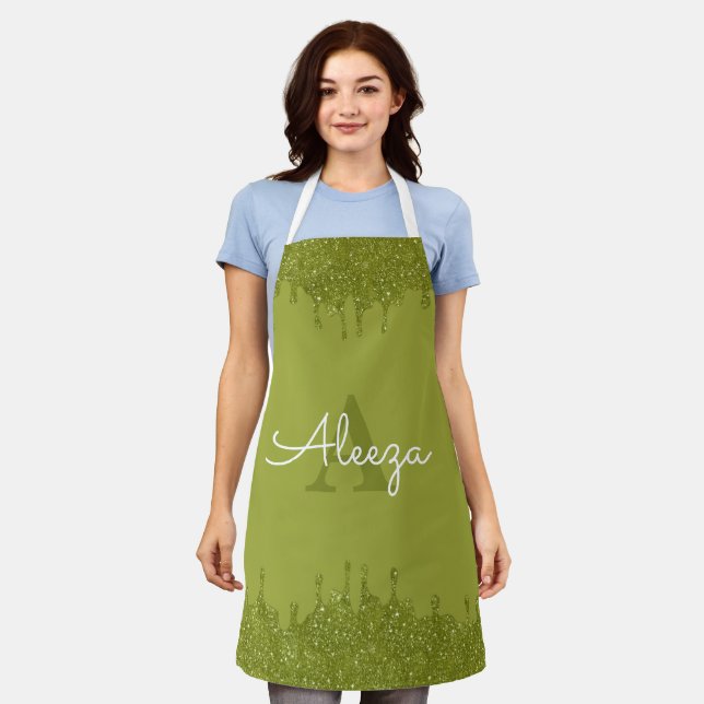 Olive Green Glitter Drips Apron (Worn)