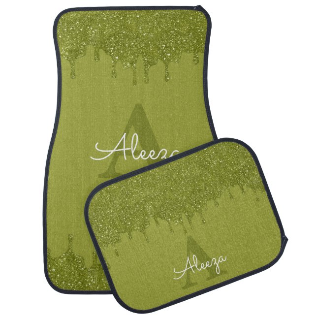 Olive Green Glitter Drips Car Floor Mat (Set)