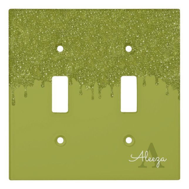 Olive Green Glitter Drips Light Switch Cover (Front)