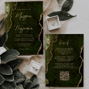 Olive Green Gold Agate Script QR Code Wedding Invitation