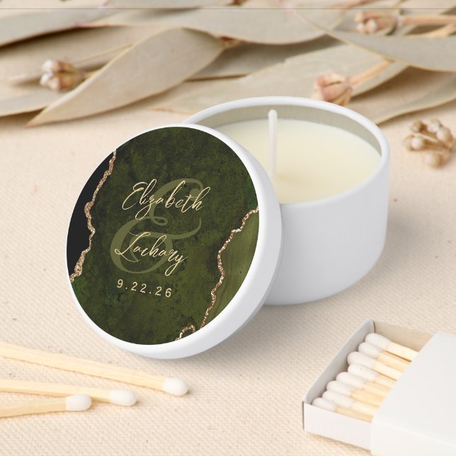 Olive Green Gold Agate Script Wedding Mini Candle Favors (Insitu)