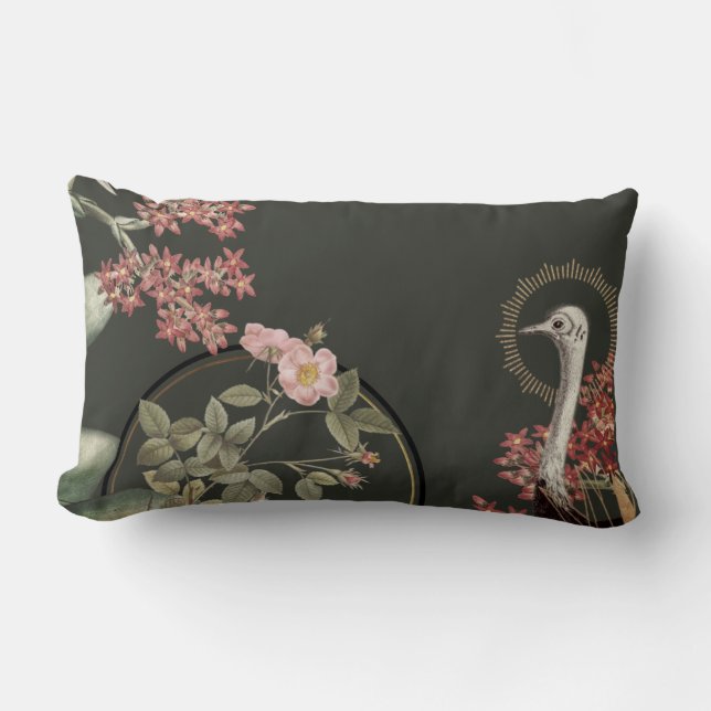 Olive Green & Gold Artistic Floral Design Lumbar Pillow (Front)