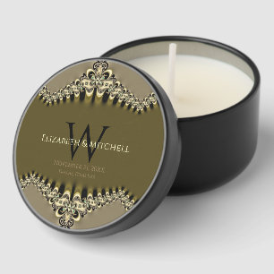 Olive Green & Gold Beige Fractal Lace Mini Candle Favors