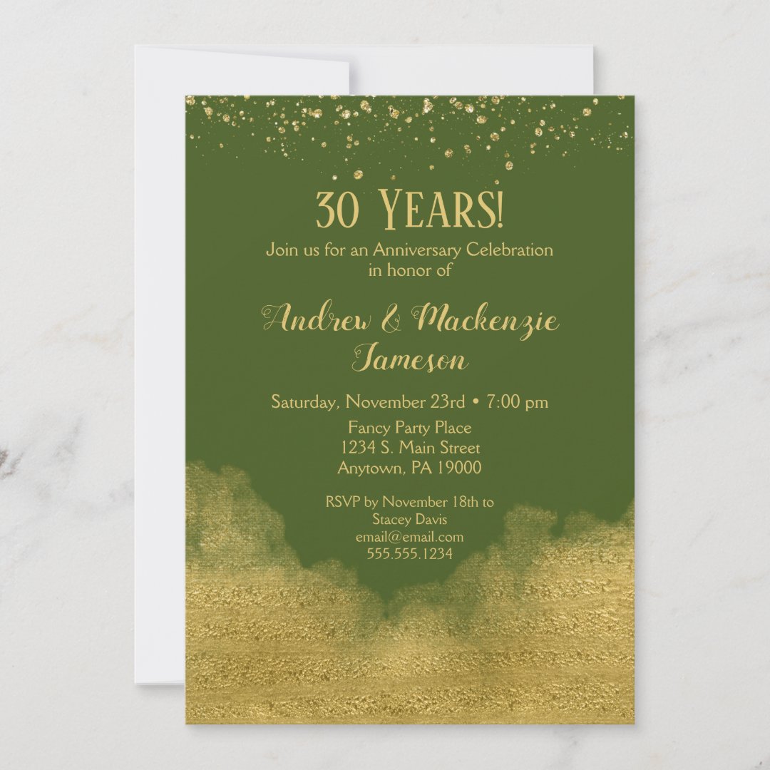 Olive Green Gold Confetti Anniversary Invitation Zazzle