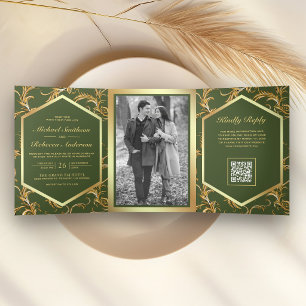 Olive Green Gold Flourish Photo QR Code Wedding Tri-Fold Invitation