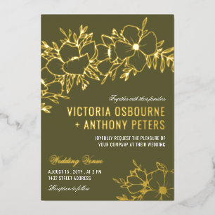 Olive Green & Gold Flowers Floral Wedding Foil Invitation