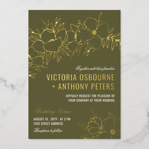 Olive Green  Gold Flowers Floral Wedding Foil Invitation