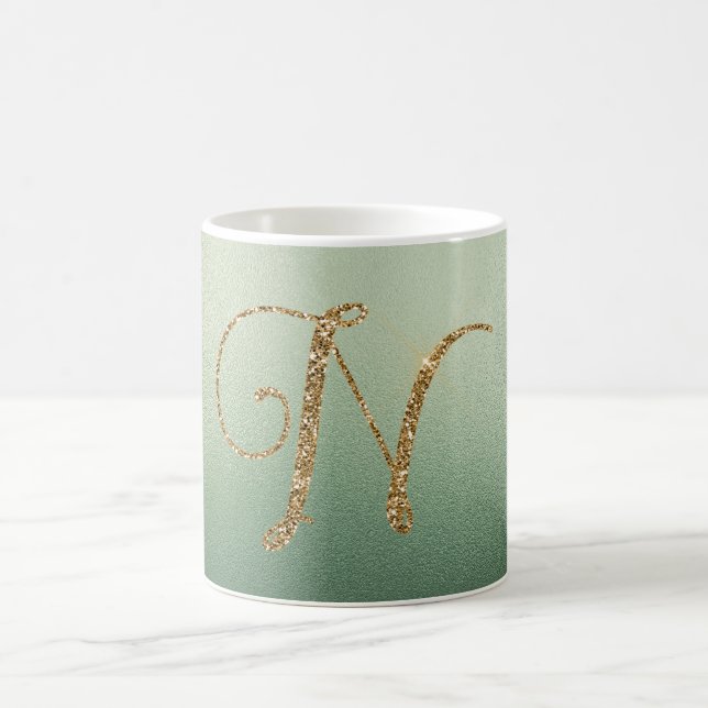Olive Green Gold Glitter Letter N Coffee Mug (Center)