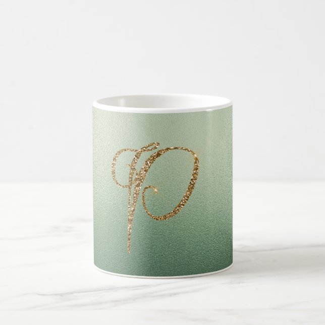Olive Green Gold Glitter Letter P Coffee Mug (Center)