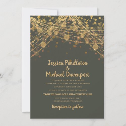 Olive Green Gold Glitter String Lights Wedding Invitation