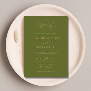 Olive Green Gold Holly Tree Leaves Luxury Wedding Invitation