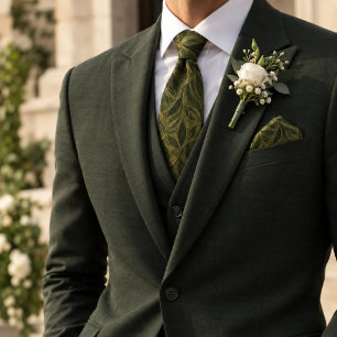 Olive Green Gold Leaf Vine Botanical Neck Tie