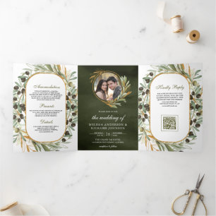 Olive Green Gold Leaves Photo QR Code Wedding Tri-Fold Invitation