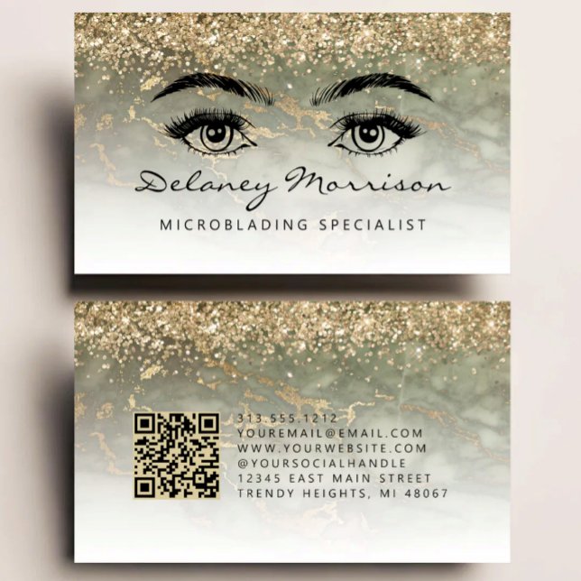 Olive Green Gold Marble Eyes QR Code Microblading Business Card (Creator Uploaded)
