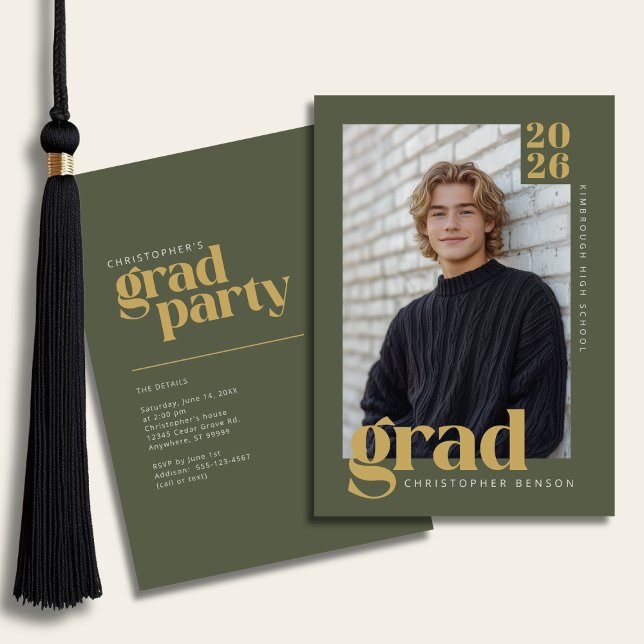 Olive Green Gold Modern Photo Graduation Party Invitation (Creator Uploaded)