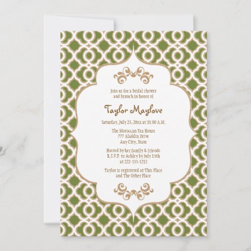 Olive Green Gold Moroccan Bridal Shower Invites