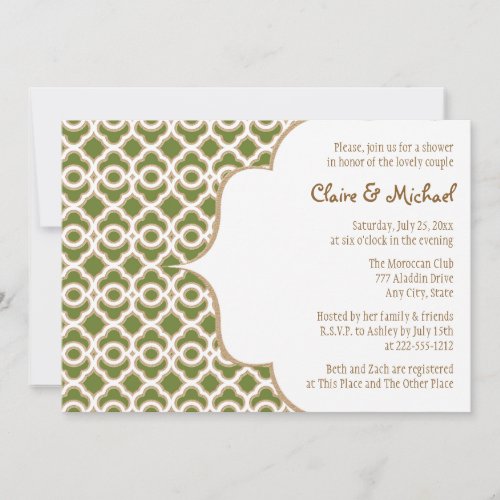 Olive Green Gold Moroccan Couples Wedding Shower Custom Invitation