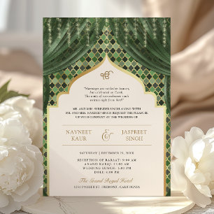 Olive Green Gold Quatrefoil QR Code Sikh Wedding Invitation