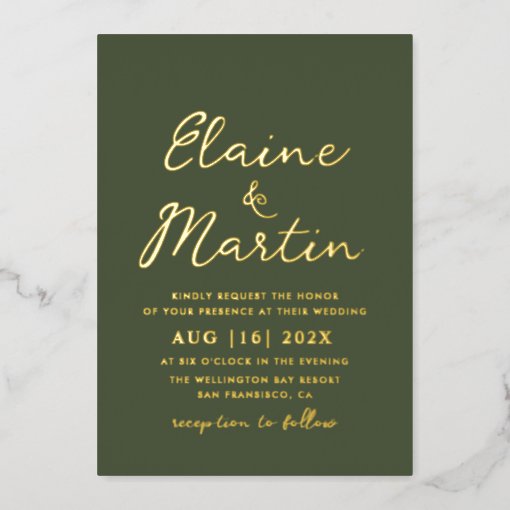 olive green gold script wedding foil invitation | Zazzle