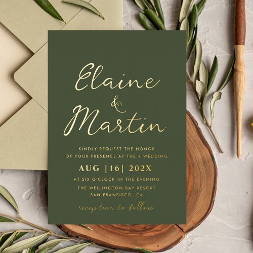 olive green gold script wedding foil invitation