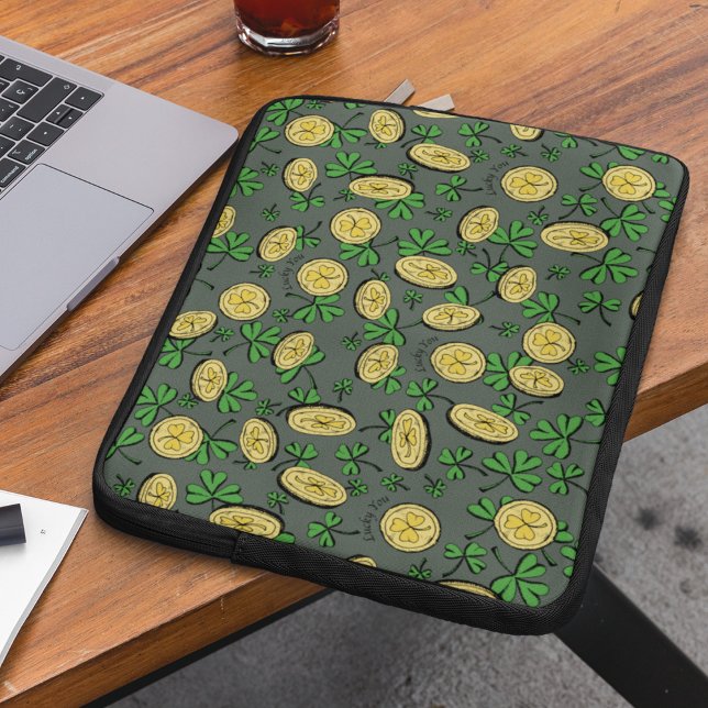 Olive Green & Gold St Patrick's Lucky You Shamrock Laptop Sleeve (Fun Hand-Drawn Illustrations of Green Clovers and Irish Gold Shamrock Coins. Olive Green Background.)