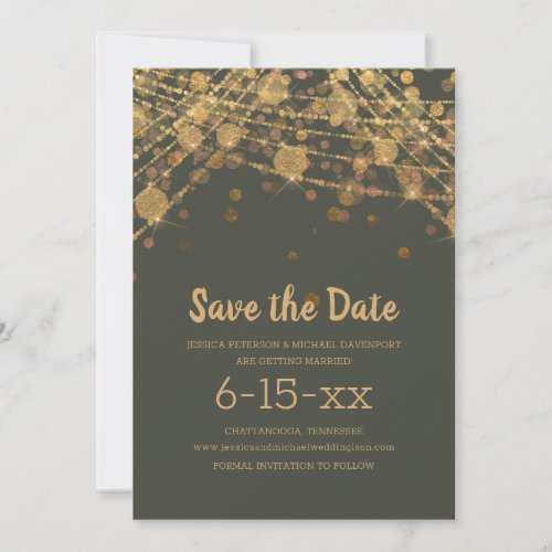 Olive Green Gold String Light Bokeh Save Date