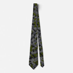 Olive Green, Gray, and Black Camouflage Pattern Neck Tie