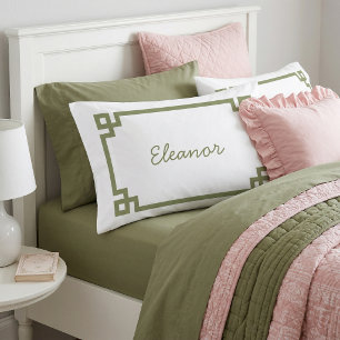Olive Green Greek Key Monogram Standard Pillow Case