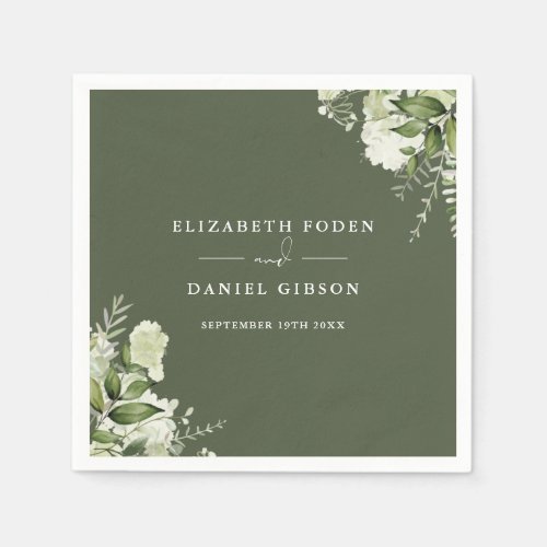 Olive Green Greenery Floral Elegant Names Date Napkins