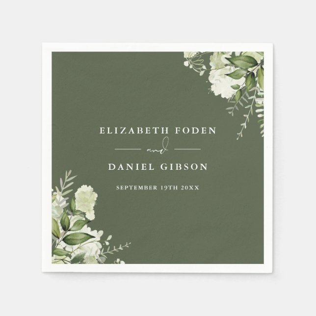 Olive Green Greenery Floral Elegant Names Date Napkins (Front)