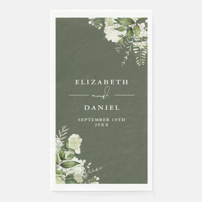Olive Green Greenery Floral Elegant Wedding Paper Guest Towels (Front)