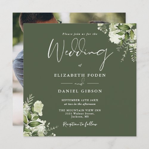 Olive Green Greenery Floral Photo Square Wedding Invitation