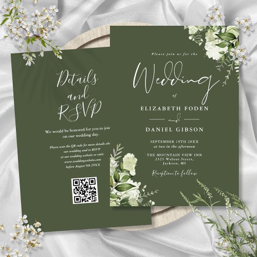 Olive Green Greenery Floral QR Code Wedding Invitation