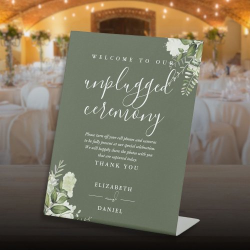 Olive Green Greenery Floral Unplugged Ceremony Pedestal Sign