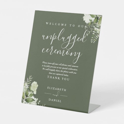 Olive Green Greenery Floral Unplugged Ceremony Pedestal Sign