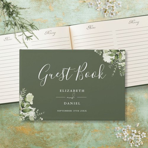 Olive Green Greenery Floral Wedding Guest Book