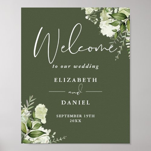 Olive Green Greenery Floral Wedding Welcome Sign