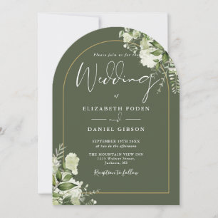 Olive Green Greenery Gold Arch Monogram Wedding Invitation